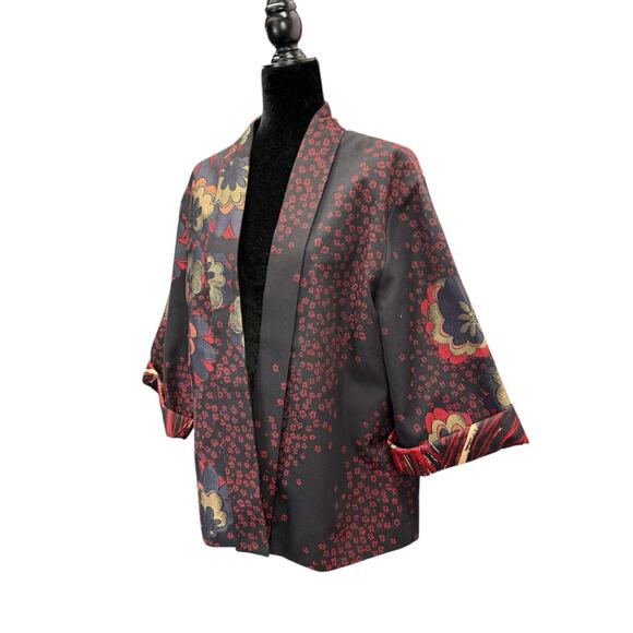 Chico’s Black Red Boho Floral Kimono Jacket Open Front Size 3 (L/XL) Cotton - Picture 3 of 7